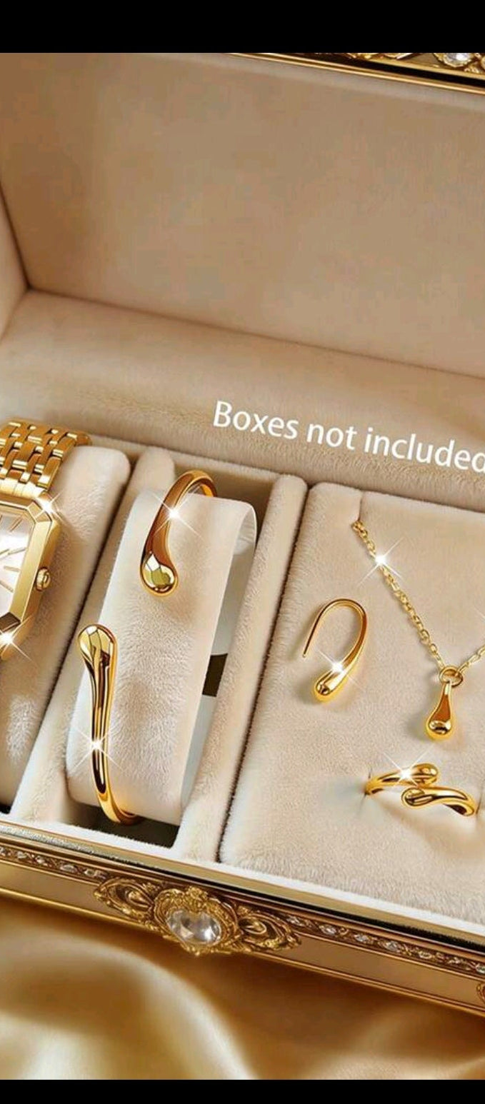 6pcs Teenage Watch Set With Gold Tone Band, Elegant Stainless Steel Quartz Watch With Pendant Necklace, Bracelet, Ring, Earrings, Best Birthday Gift For Her, Suitable For Daily Wear, Parties, Halloween, Christmas