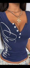 Navy Blue Henley Crop Top, White Script Graphic Print & Button Placket, Slim Fit Short Sleeve, Summer Y2K E-Girl Casual Streetwear Party Top Summer Outfits Going Out Tops Graduation Ceremony Vacation Outfits Women Casual Blouses For